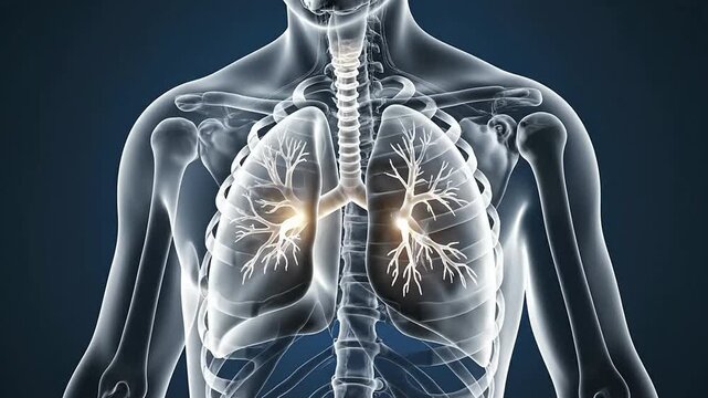 Detailed Anatomical Illustration of Human Lungs with Illuminated Bronchi and Blood Vessels Against Dark Background for Medical and Educational Visualization