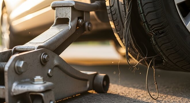 Close-up of a car's flat tire being lifted by a jack, highlighting the need for vehicle maintenance