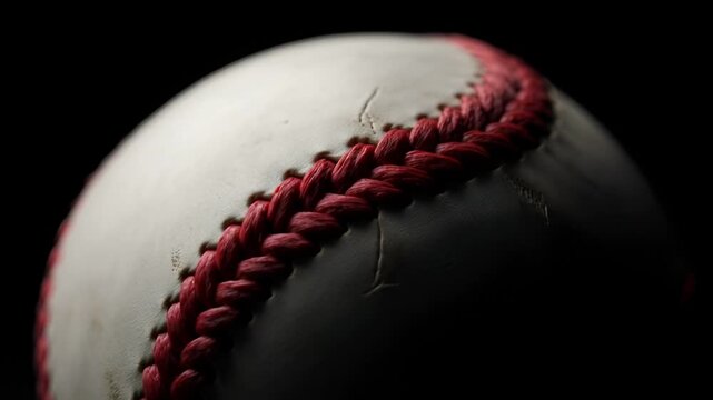 Close up of baseball with red stitching.