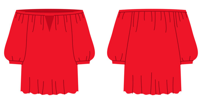 Red off shoulder peasant top with elastic neckline, gathered bodice short sleeves with relaxed loose silhouette and soft volume. Technical fashion illustration in flat color, front back views. Vector