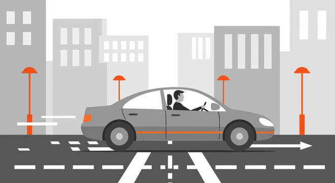 Modern Car Driving on City Street with Pedestrian Crossing and Buildings