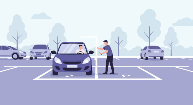 Parking attendant guides car into numbered parking spot in outdoor lot with trees