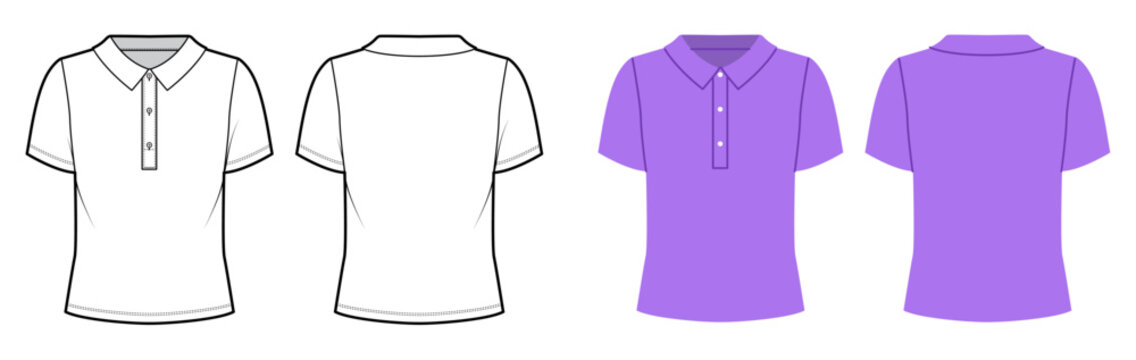 Fitted polo shirt with button placket, structured collar short sleeves with shaped silhouette and smooth seams. Technical fashion illustration in black and white color, front and back views. Vector