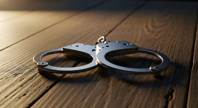 A Close-up Artistic Shot of Handcuffs on a Wooden Surface, Symbolizing Justice and Law Enforcement