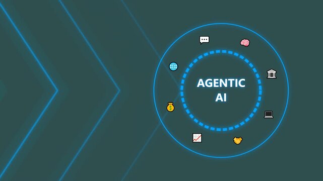 Agentic ai technology concept with rotating icons on a dark digital blue backgrounds