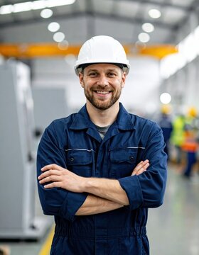 Smiling factory worker in white hard hat and blue coveralls, arms crossed, industrial workshop interior, manufacturing and safety concept
