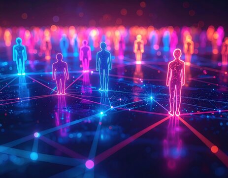Neon human figures on network grid, glowing silhouettes, digital connection and social network concept