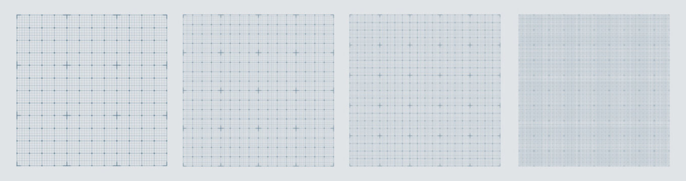 Square grid collection Cross micro geometry, four samples blueprint style. Smooth lattice structure, interface layouts editorial compositions planning sheets dashboards digital technology graphics.