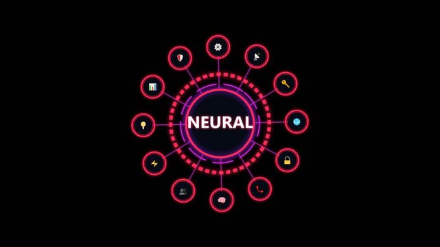 neural network technology concept with glowing icons on a dark digital background 3d