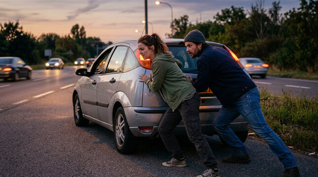 two people are pushing their broken down car