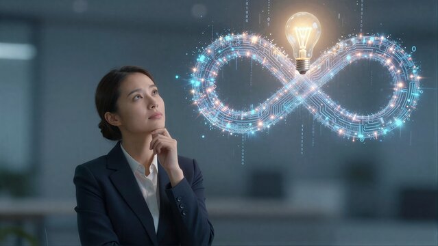 Woman in suit gazes at glowing infinity circuit loop with light bulb