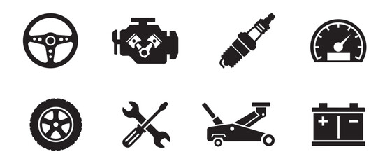 Fototapeta premium Auto repair and car maintenance icon set. Professional black silhouettes for vehicle diagnostics, engine service, tire changes, and garage workshop equipment concepts.