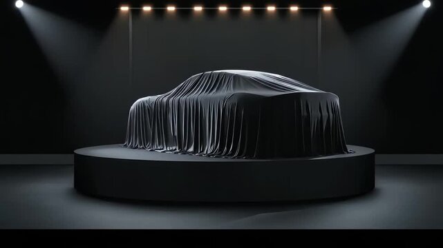 A sleek, modern sports car is dramatically revealed under a black cloth on a circular stage, illuminated by spotlights.