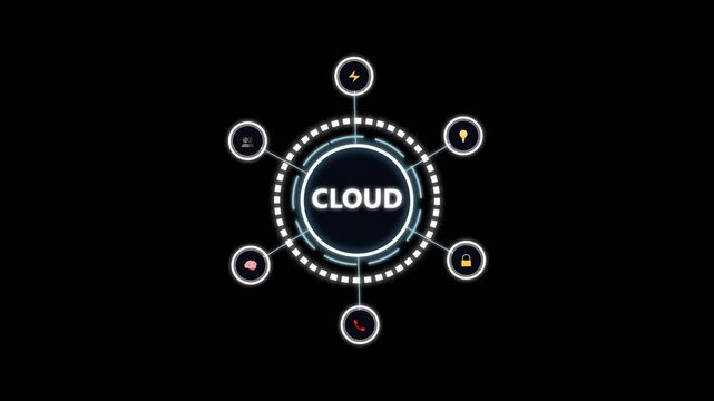 Cloud computing network infographic with digital icons on black background animation