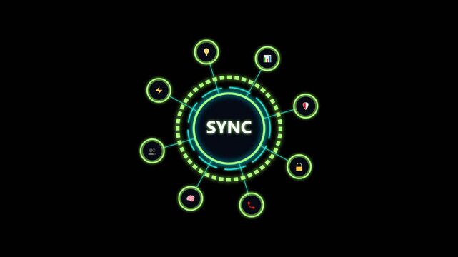 Sync data network interface with glowing icons representing cloud and mobile service