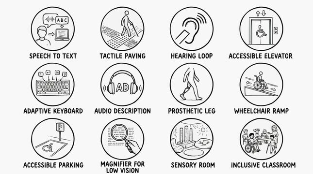Collection of icons representing accessibility features and inclusive design concepts vector illustration
