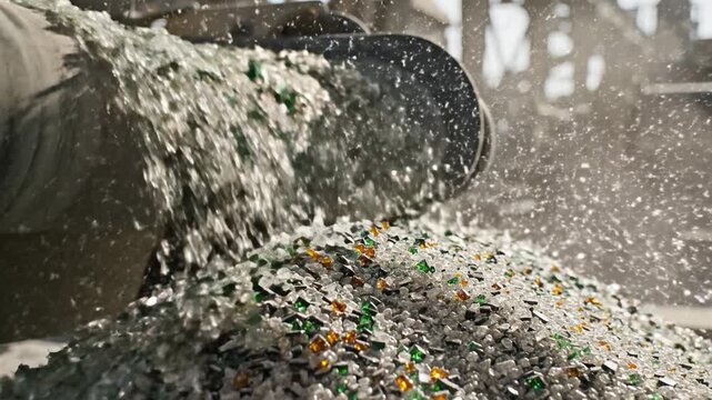 Multicolored crushed glass cullet falls from a moving conveyor belt onto a large heap. This industrial process represents waste management and sustainability. Useful for environmental content.