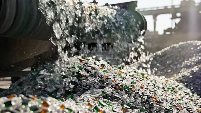 Crushed glass cullet pours from a conveyor belt into a massive pile at a recycling facility. Industrial waste management process. Use for environmental or industrial content.