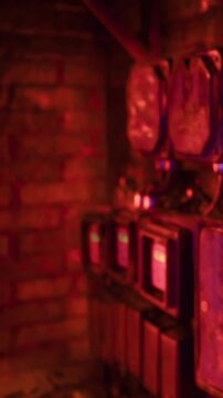 Several old meters are mounted on a brick wall. The room has dim lighting with a red hue. The background is blurred, adding to the focused look on the meters and their displays.