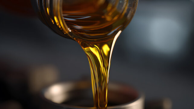 Golden Liquid Pour Macro Shot with Rich Textures and Movement, Detailed Closeup of Viscous Fluid Flow from Container, Vibrant Deep Amber Tones