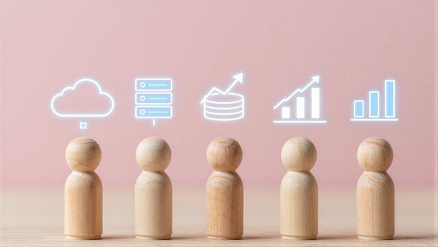 Five wooden figures stand before glowing tech icons symbolizing