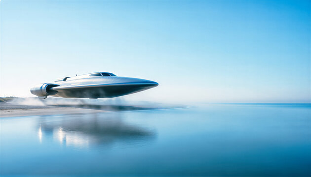 Cool gray metallic spaceship hovering over a sandy shoreline and blue water. Futuristic silver spacecraft flying above a misty beach. Extraterrestrial UFO arrival concept