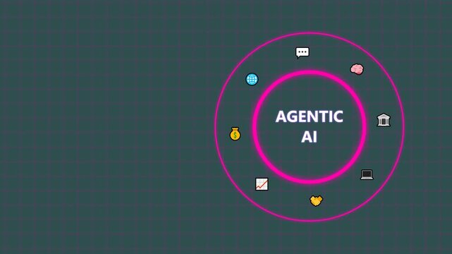 Agentic ai ecosystem concept with glowing neon circles and business icons on a grid.