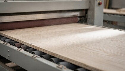 Fototapeta premium Medium shot capturing fine grit sanding on plywood faces by a widebelt sander highlighting the refinement and smooth finish of the wood surface.