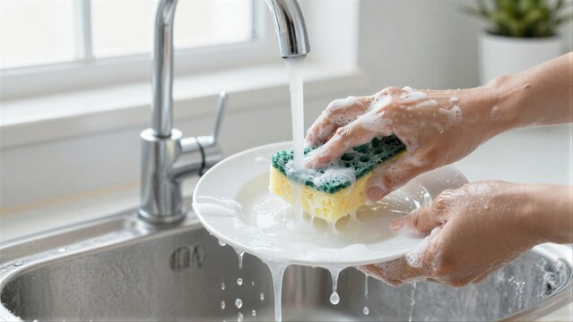 Hands wash a plate under running water with soapy sponge in kitchen