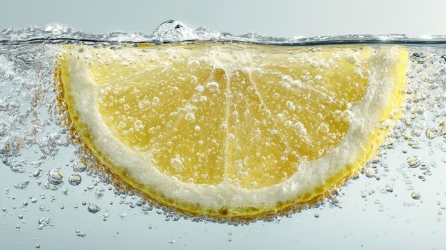 Single thin slice of fresh lemon submerged in clear water with bubbles clinging to the surface. Strong studio light creating caustic patterns and ripples on pure white background