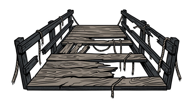 Broken Wooden Bridge Structure.
