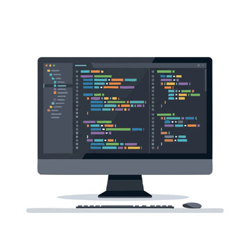 Computer monitor displaying colorful coding interface concept of Mockup  