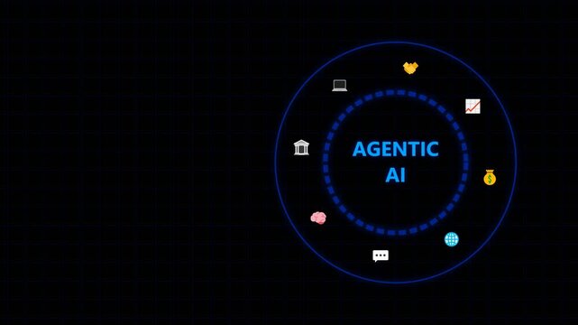 Agentic ai ecosystem diagram with various business and technology icons on black bg.