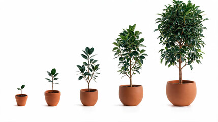 Fototapeta premium Potted plants arranged in a row show the progressive growth stages of a green tree from a small seedling to a mature specimen in terra cotta pots against a clean white background for presentation.