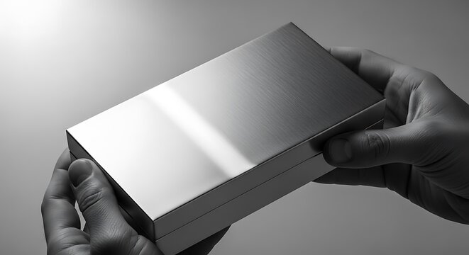Metal box being presented by hands in a high-contrast black and white composition. The focus is sharp on the sleek texture. Ideal for premium corporate gift and packaging marketing.