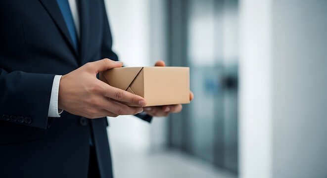 Cardboard box held by a man in a formal suit. Features shallow depth of field and bright office bokeh. Ideal for corporate supply chain or parcel delivery service marketing.