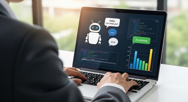 Businessperson using AI chatbot on laptop for coding and analytics interface