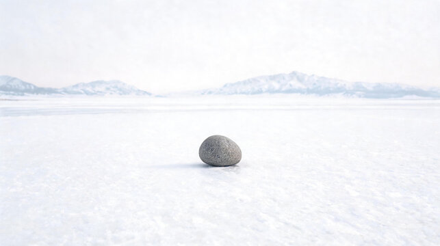 Stone sits perfectly centered in a vast and desolate snow-covered landscape with distant mountains providing a serene backdrop that emphasizes a sense of isolation and profound mental clarity for.