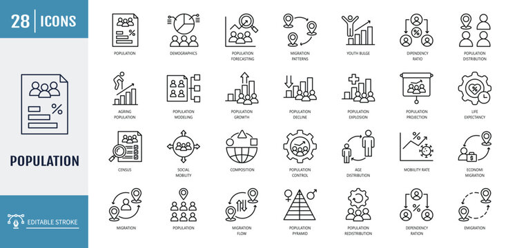 Population icon set. Icons related to demographic, birth, mortality, census, growth, urbanization, migration, overpopulation, fertility. Vector illustration with editable stroke