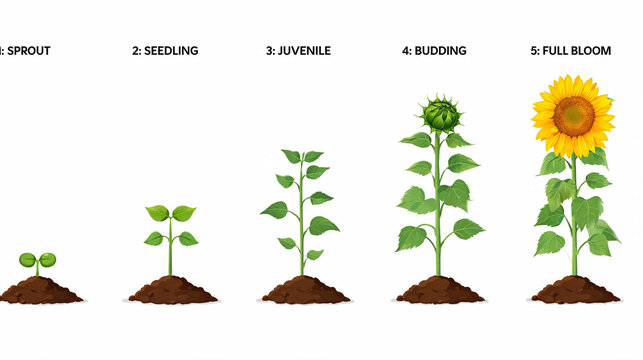 Sunflower growth stages show the biological development from a small sprout to a seedling and juvenile plant before reaching the budding phase and finally achieving a vibrant full bloom in the soil.