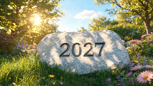 Stone boulder with the engraved year 2027 sits prominently in a sunlit garden filled with blooming spring flowers and lush green grass, symbolizing new beginnings for future planning and success.