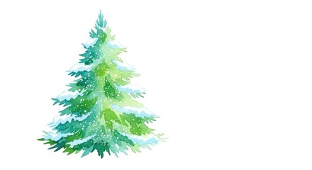Fototapeta premium A gentle watercolor painting of a minimalist Christmas tree featuring soft green strokes, light blue accents, and ethereal snowy details, card, paper, gentle