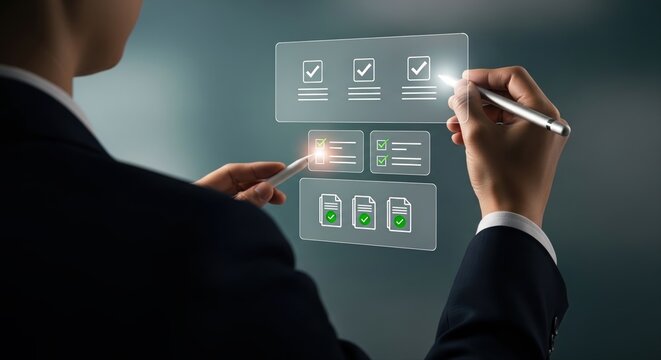 Business Professional Interacting with Holographic Digital Task Management Interface