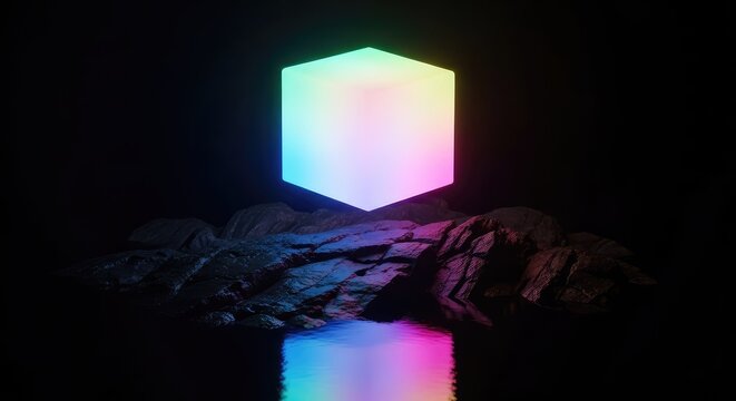 A luminous neon cube floats above jagged dark wet rocks near calm black water, creating a futuristic and abstract technological atmosphere, energy, cube, design
