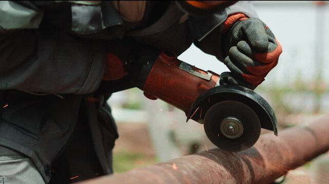 Close perspective of worker cutting large rusted pipe with electric tool and visible sparks. Industrial scene demonstrates precision engineering, manual expertise and productive construction workflow.