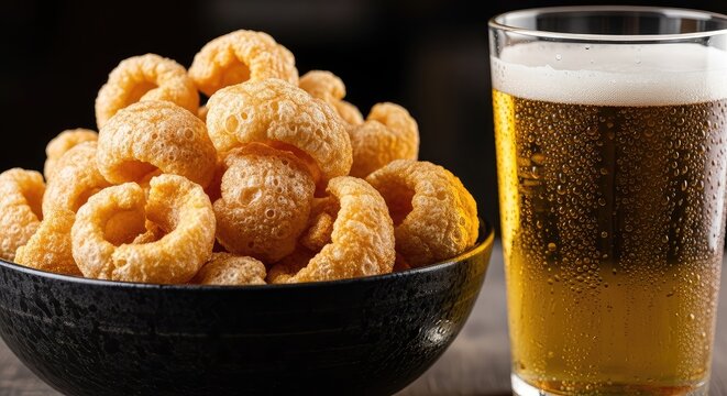 A macro view of golden crispy pork rinds in a dark ceramic bowl paired with a chilled glass of light beer featuring fresh condensation, wood table, meat, beverage