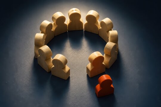 Wooden figures in circle with one isolated figure representing teamwork inclusion exclusion and group dynamics