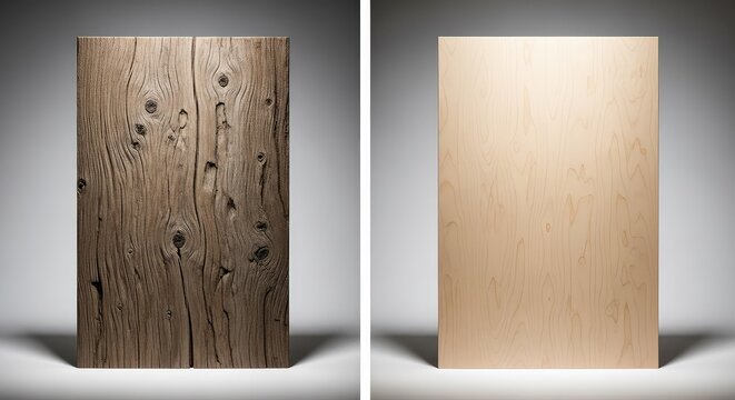 A side-by-side comparison of rustic weathered oak with its deep natural grain and sleek modern polished maple panels for interior design, oak, carpentry, interior