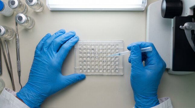 Top view of scientist hands in blue gloves using disposable pipette with microplate, laboratory researcher performing ELISA assay, pharmaceutical screening experiment, medical research microscope