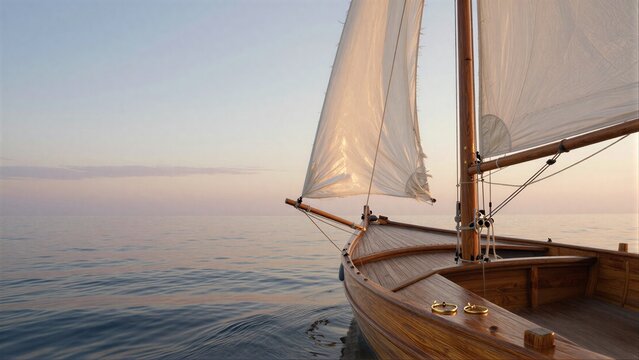 Sailboat glides calm seas at dawn sails billow softly against serene